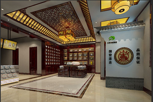 毛感乡古朴典雅的中式茶叶店大堂设计效果图